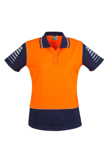 A women's short sleeve polo in high visibility orange and navy, featuring a logo on the chest and striped detailing on sleeves.