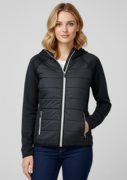 A stylish black women's puffer jacket with a hood, featuring zippered pockets and a fitted design.