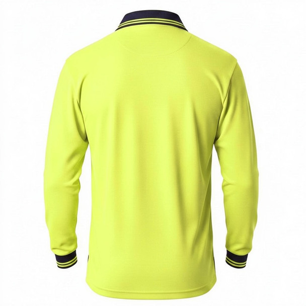 Yellow / Navy - Back - 3813 - HiVis Two Tone Cool Breathe Polo Shirt, Long Sleeve - DNC Workwear