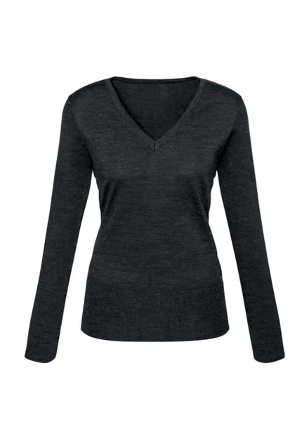 A women's Milano pullover in dark grey, featuring a V-neck and long sleeves. It has a simple design with no visible logos.