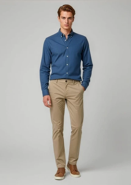 A man wearing a blue shirt and beige chinos, standing against a neutral background. The pants have a branding logo.