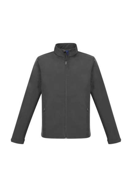 A soft shell jacket in grey with long sleeves and a high collar, featuring zippered pockets and a logo.