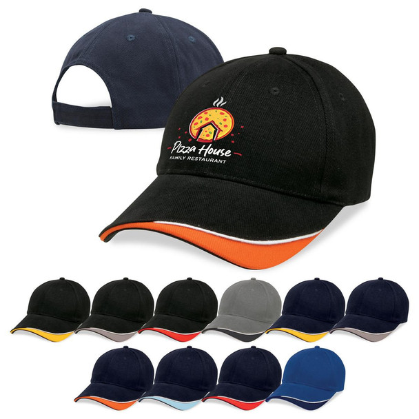 A collection of caps in various colours, featuring a logo on the front and a contrasting peak. A collection of caps in various colours, featuring a logo on the front and a contrasting peak.
