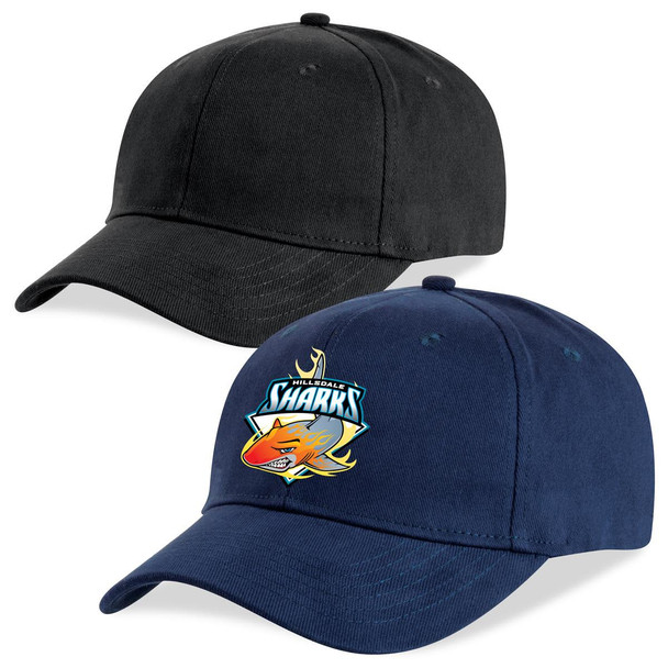 A black cap and a navy cap, featuring a logo on the navy cap. Both are structured baseball-style headwear.