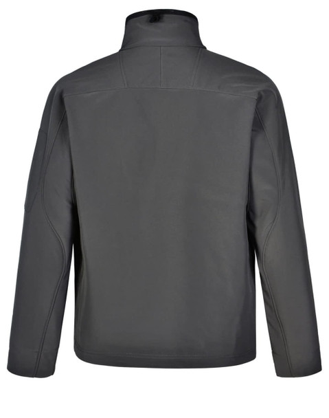 A grey Men's Softshell High-Tech Jacket featuring a stand-up collar and a smooth, sleek back design.