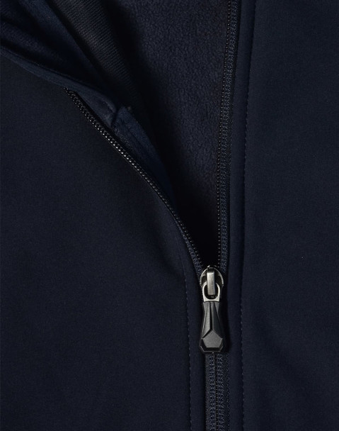A navy softshell high-tech jacket featuring a zippered front and a fleece lining. The jacket includes a logo.