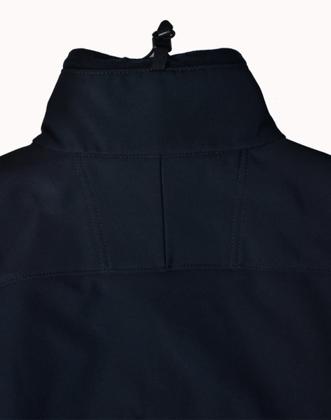A black men's softshell high-tech jacket featuring a high collar and back detailing, with a logo present.