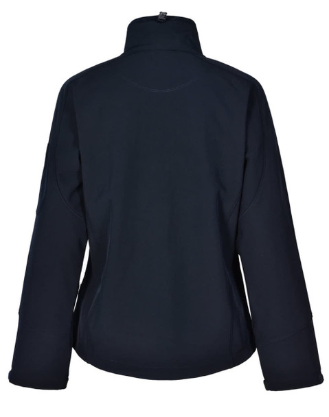 A softshell women's jacket in dark navy, featuring a high collar and long sleeves, with a logo on the back.