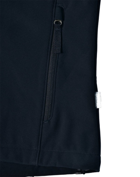 A black ladies softshell jacket featuring a zip pocket and a logo on the side.