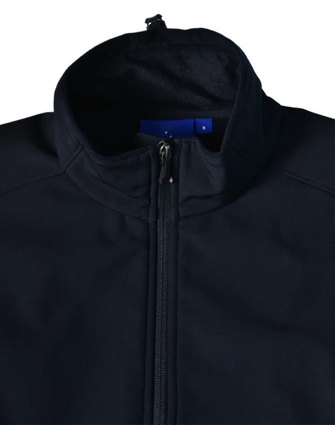 A black Ladies Softshell Hi-Tech Jacket featuring a high collar and a zippered front. It has a logo on the fabric.