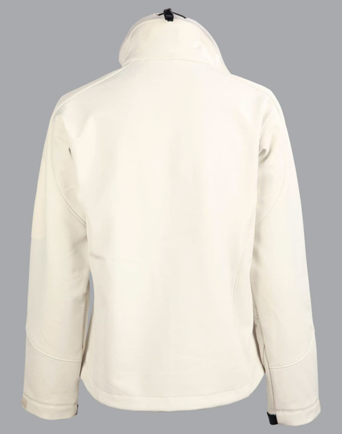 A softshell jacket in cream, featuring a high collar and a logo on the back. Classic and stylish design.