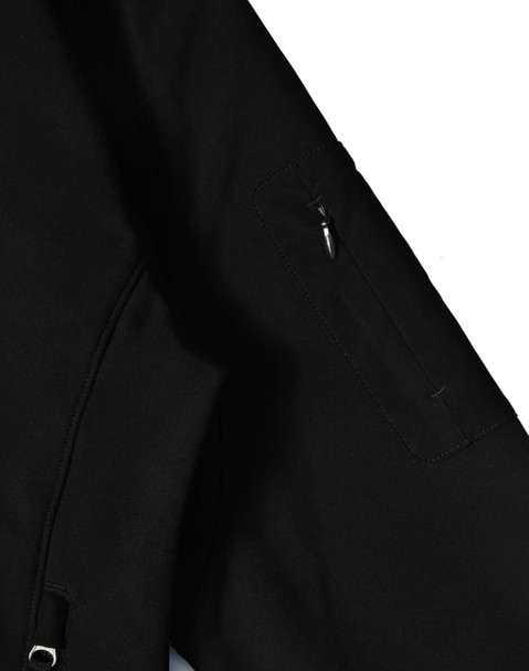 A black ladies softshell hi-tech jacket with a zippered pocket on the sleeve and a logo.