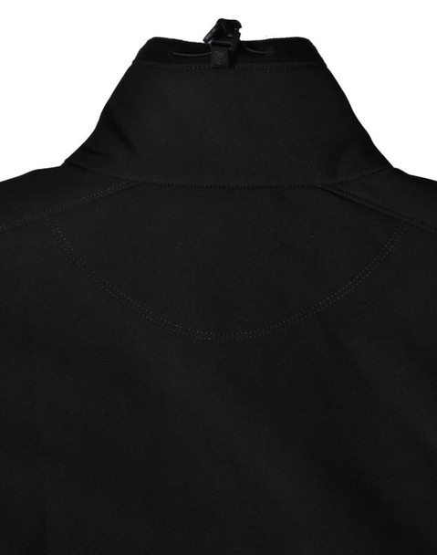 A black ladies' softshell hi-tech jacket featuring a high collar and adjustable toggle. It has a logo on the back.