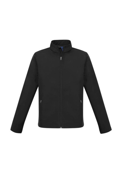A black zip-up jacket with a high collar and two side pockets, featuring a branding logo.