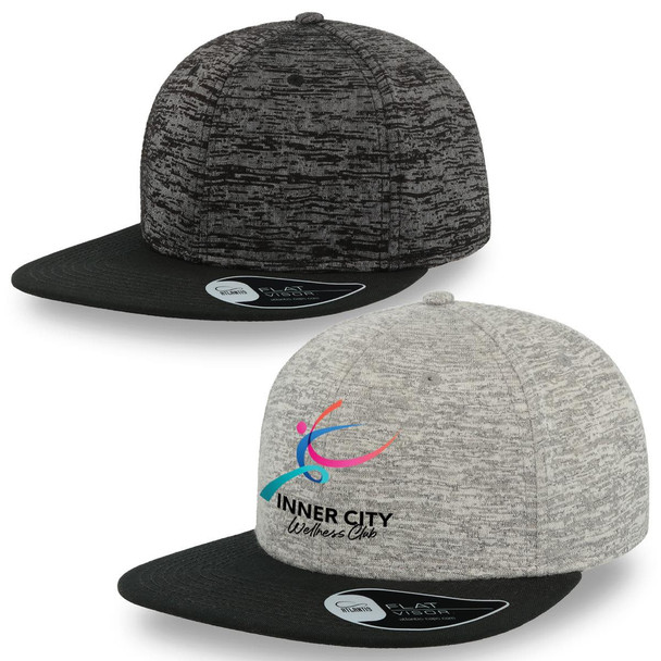 A promotional cap in black and grey with a flat peak, featuring a logo on the front.
