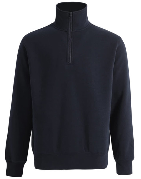 A dark navy 1/2 zip collar fleecy jumper featuring a zip and cuffs. It has a simple design and a logo.