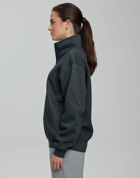 A grey 1/2 zip collar fleecy jumper displayed on a model from the side, featuring a smooth fabric and a logo.