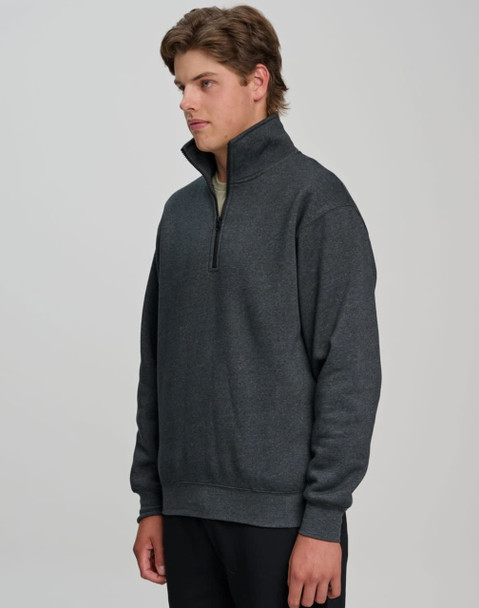 A grey 1/2 zip collar fleecy jumper featuring a logo, designed for warmth and comfort.
