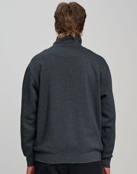 A grey 1/2 zip collar fleecy jumper with a relaxed fit, featuring a branded logo on the back.