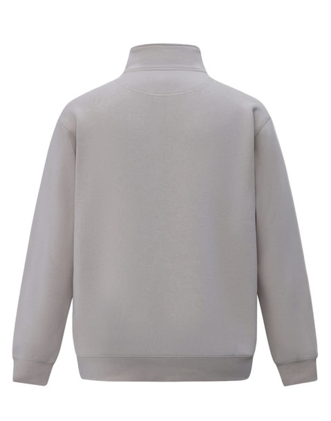 A polar fleece jumper in a light grey shade with a half zip collar and long sleeves. Features a logo on the back.