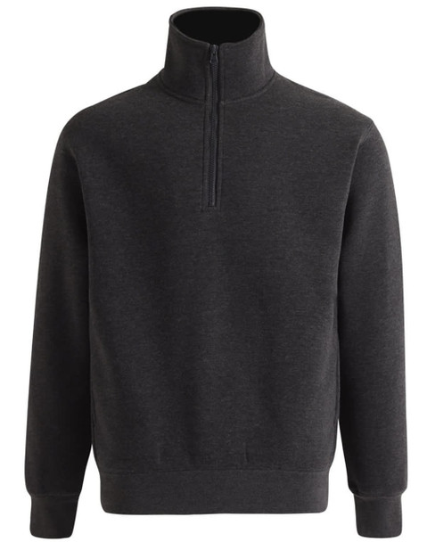 A dark grey 1/2 zip collar fleecy jumper featuring long sleeves and elastic cuffs. It has a logo on the chest.
