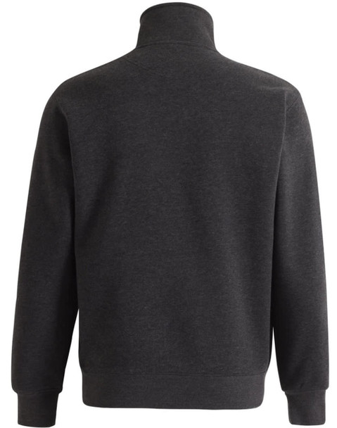 A dark grey 1/2 zip collar fleecy jumper with long sleeves and a casual fit. Features a branding logo.