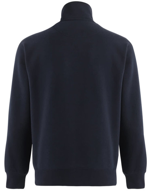 A navy 1/2 zip collar polar fleece jumper with a plain back and a small logo.