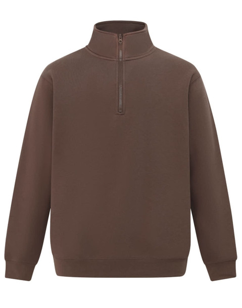 A brown 1/2 zip collar fleecy sweat featuring a regular fit and long sleeves. It has a logo on the front.