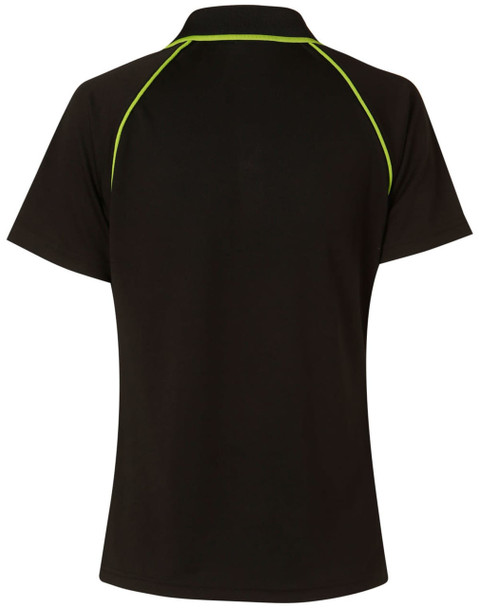 A black ladies cooldry raglan short sleeve polo featuring contrasting green piping and a logo.
