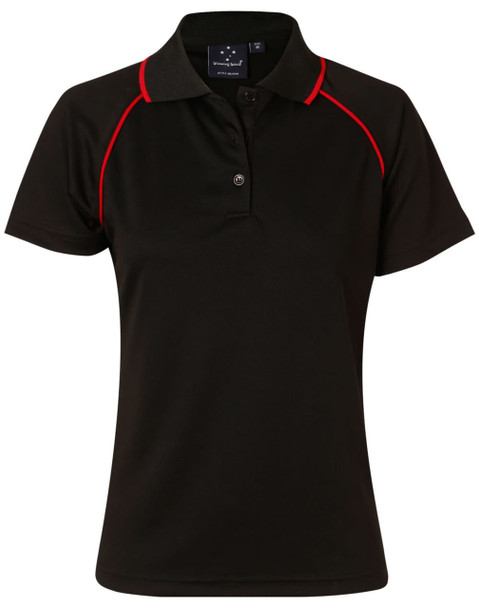 A black polo shirt with red detailing, featuring a collar and short sleeves, and includes a logo.