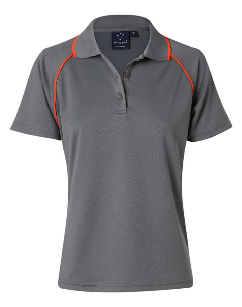 A grey ladies polo shirt featuring a collar and orange piping, with a logo on the chest.