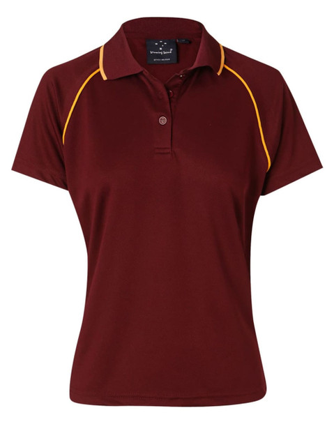 A maroon polo shirt with yellow detailing and a collar, featuring a branding logo.
