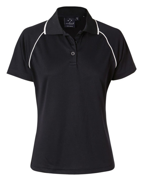 A black polo shirt featuring white piping, short sleeves, and a collar. It has a logo on the chest area.