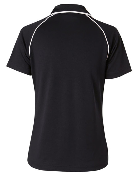 A black short-sleeve polo shirt with a raglan design and contrasting white piping, featuring a logo on the back.