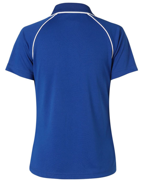 A blue men's Cooldry raglan short-sleeve polo shirt featuring contrasting piping and a logo.