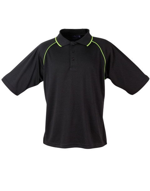A black polo shirt with contrasting green accents, featuring a collar and short sleeves. It has a logo on the chest.