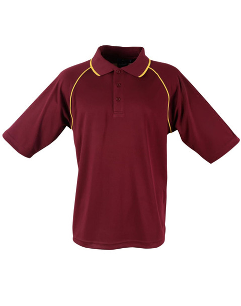 A maroon polo shirt with short sleeves and yellow accents, featuring a collar and buttons, with a logo.