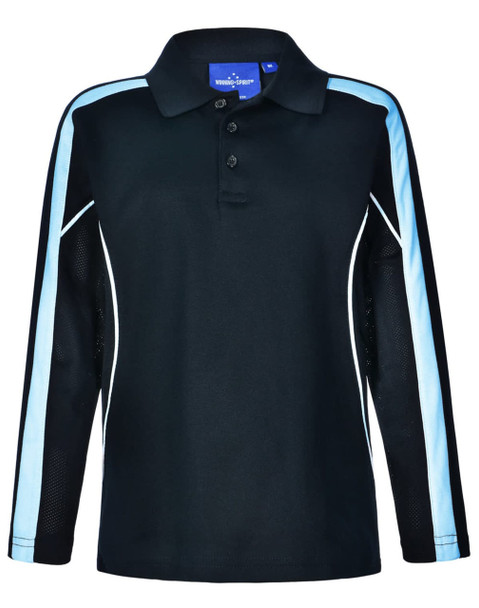A black long sleeve polo shirt with light blue side panels and a collar, featuring a logo on the label.