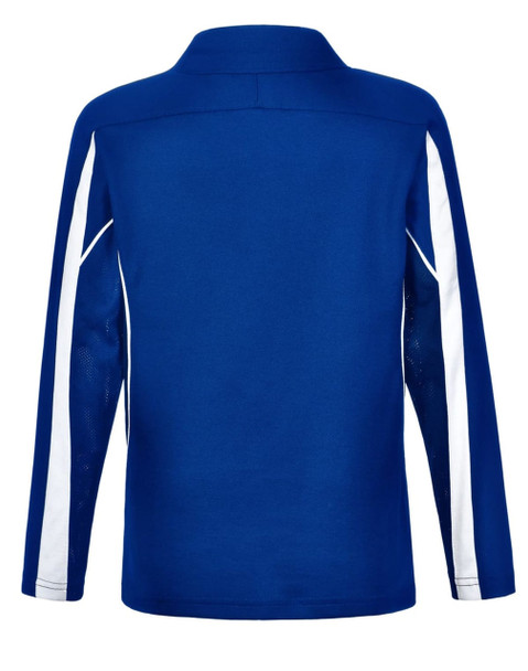 A blue long sleeve polo shirt with white accents and mesh details at the sides. It features a collar and a logo.