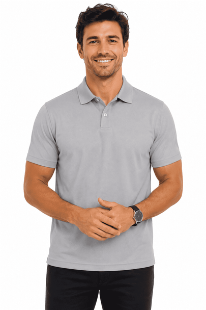 A grey men's polo shirt with a collar, featuring a logo and worn by a smiling model.