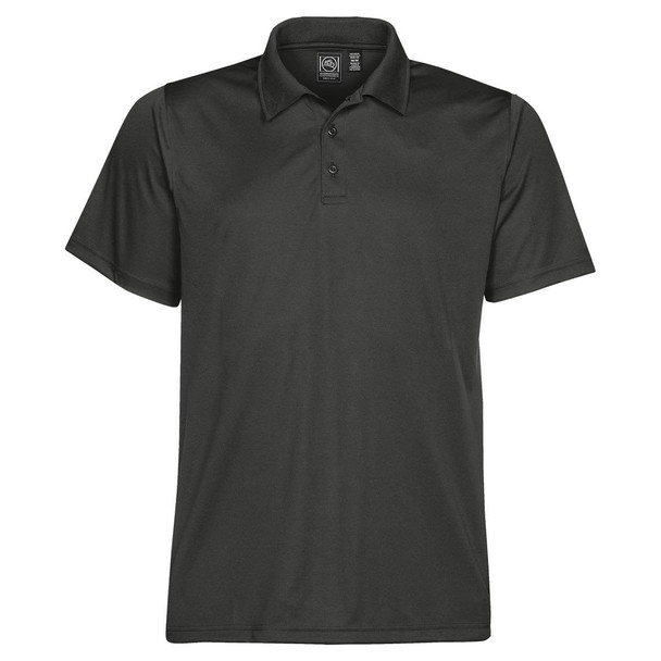 A dark green men's polo shirt featuring a classic collar and three-button placket, with a logo on the upper part.