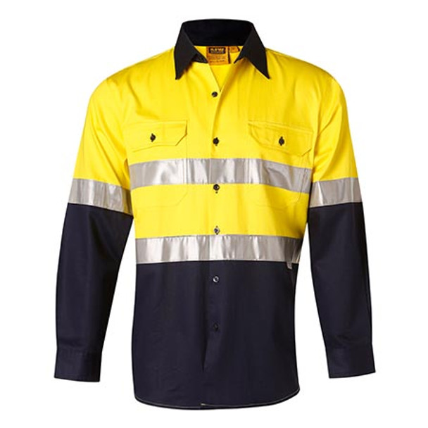 Yellow-Navy - SW68 Mens Long Sleeve Taped Safety Shirt - Winning Spirit Yellow-Navy - SW68 Mens Long Sleeve Taped Safety Shirt - Winning Spirit
