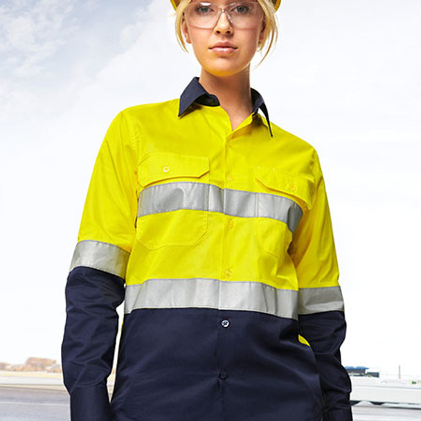 Yellow-Navy - SW82 Unisex Hi-Vis Cool Breeze Safety Long Sleeve Shirt - Australian Industrial Wear Yellow-Navy - SW82 Unisex Hi-Vis Cool Breeze Safety Long Sleeve Shirt - Australian Industrial Wear
