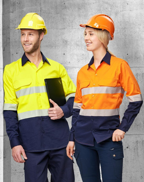 A Hi-Vis long-sleeve safety shirt in yellow and navy, and an orange variant, both featuring segmented reflective tape.