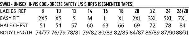 A chart displaying size measurements for Hi-Vis Cool-Breeze Safety long-sleeve shirts in various sizes, including ladies' and unisex options.