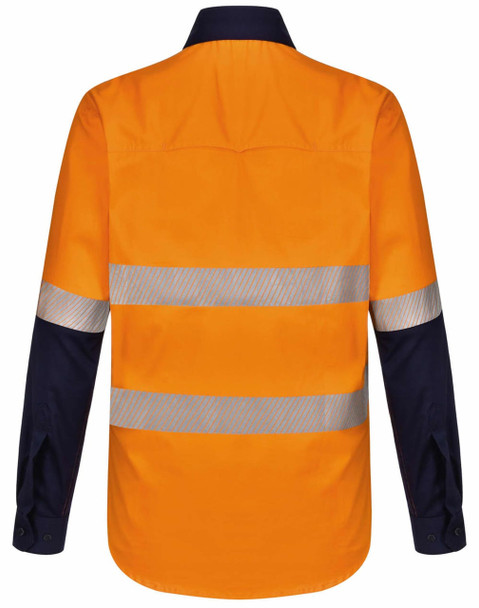 A long-sleeve safety shirt in orange and navy blue, featuring segmented reflective tape and a branding logo.