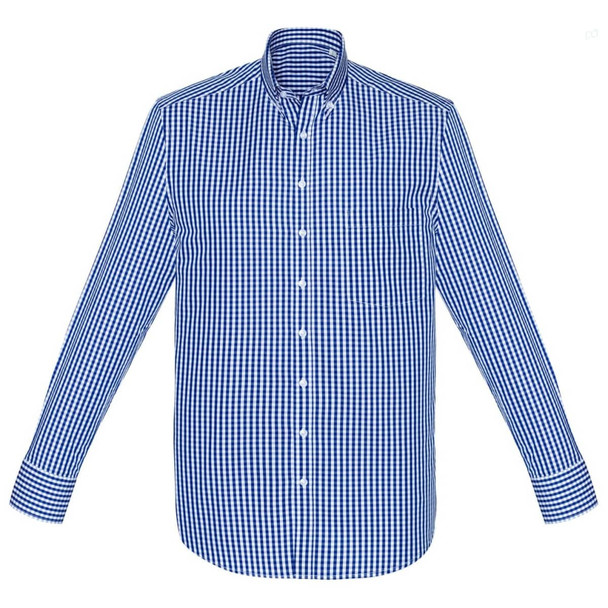 A blue and white checked long sleeve button-up shirt with a collar and cuffs, featuring branding on the chest.