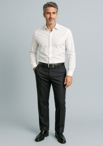 Men's cool stretch adjustable waist pants in black, styled with a white shirt and belt, featuring a logo.