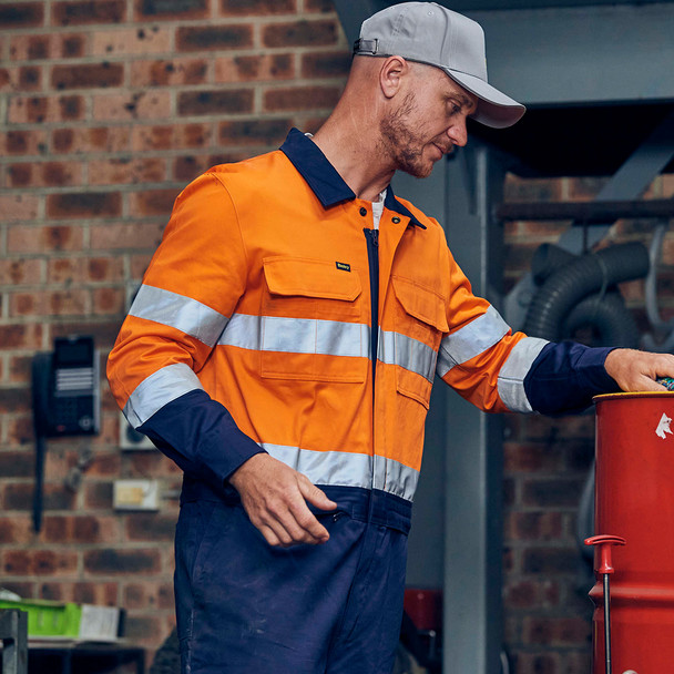 Orange / Navy - Model - BC6066T - Taped Hi Vis Work Coveralls with Waist Zip Opening - Bisley Workwear