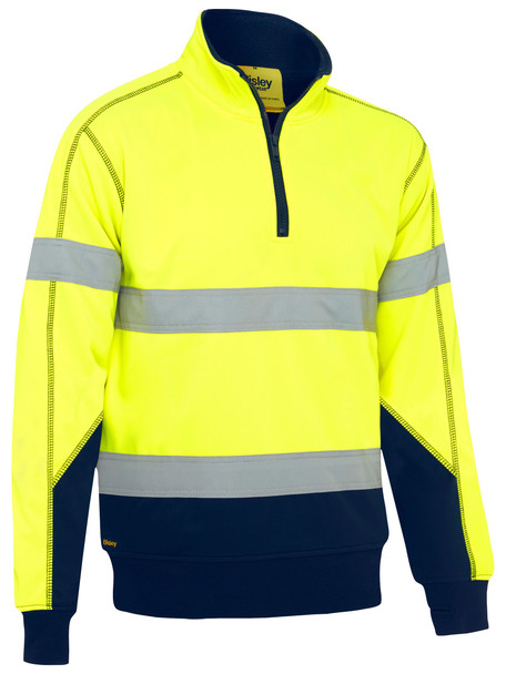 Yellow / Navy - Front - BK6987T - Taped Hi Vis 1/4 Zip Fleece Pullover with Sherpa Lining
